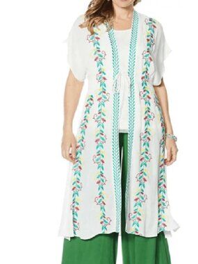 Curations Cover Up Wrap Kaftan/Cardigan/Kimono White Embroidered Tie Closure PS